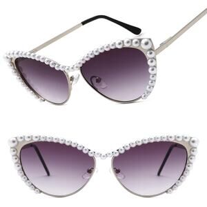 Chic Silver Cat Eye Sunglasses Womens Trendy Pearl Embellishments